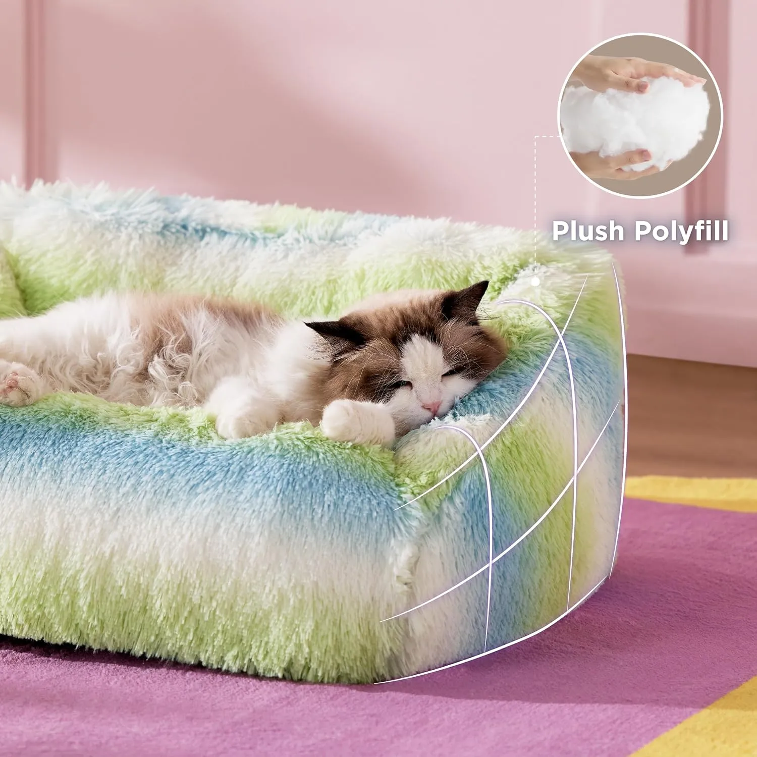 Lesure Cute Cat Bed Indoor - Furry Cat Bed Large, Washable Calming Small Dog Beds for Puppy with Fashion Design, 26x21x9inches, Green Stripe
