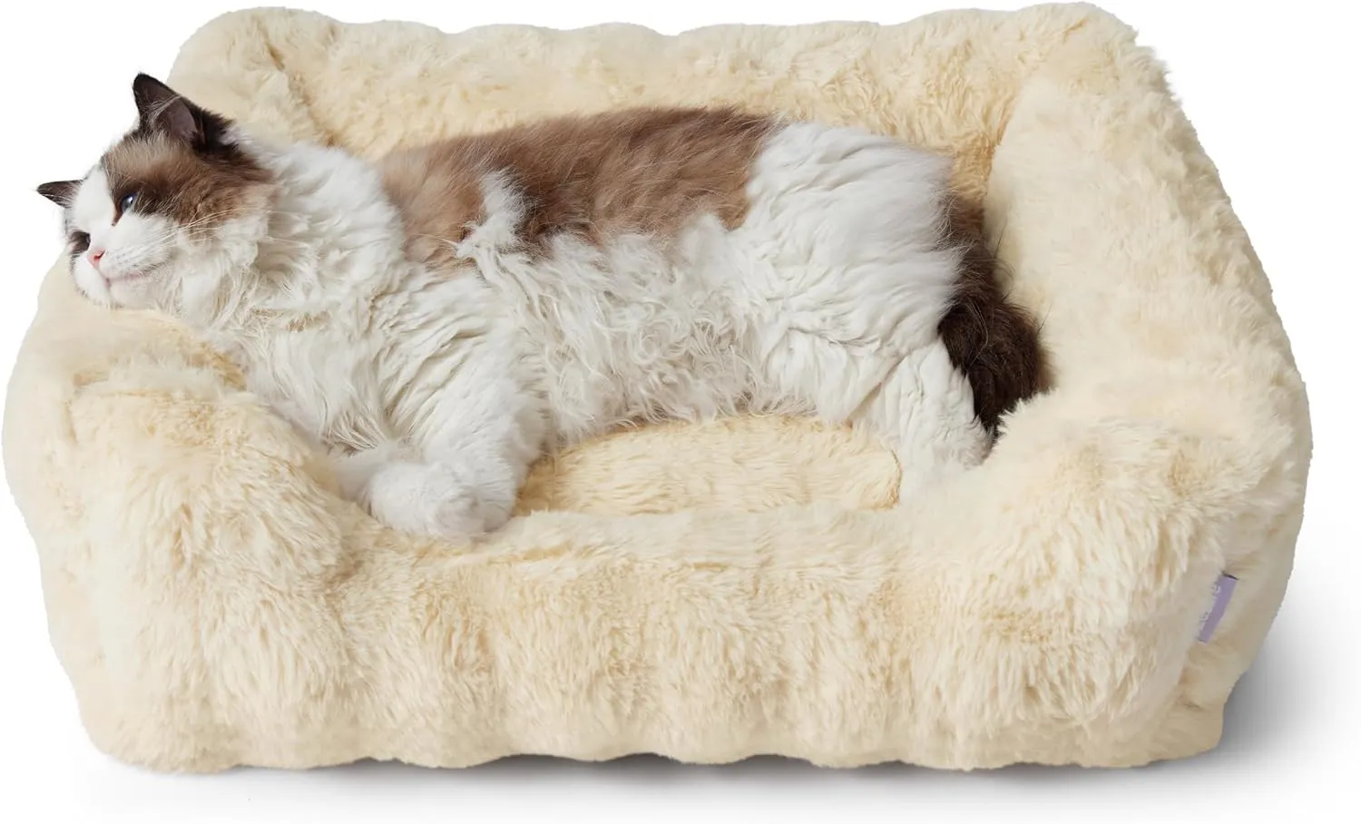 Lesure Fluffy Dog Beds for Puppy&Kitten- Orthopedic Rectangle Calming Pet Sofa,Fluffy Plush Bubble Bolster Cat Bed with Removable Washable Cover and Nonskid Bottom,20x19x6inches,Beige