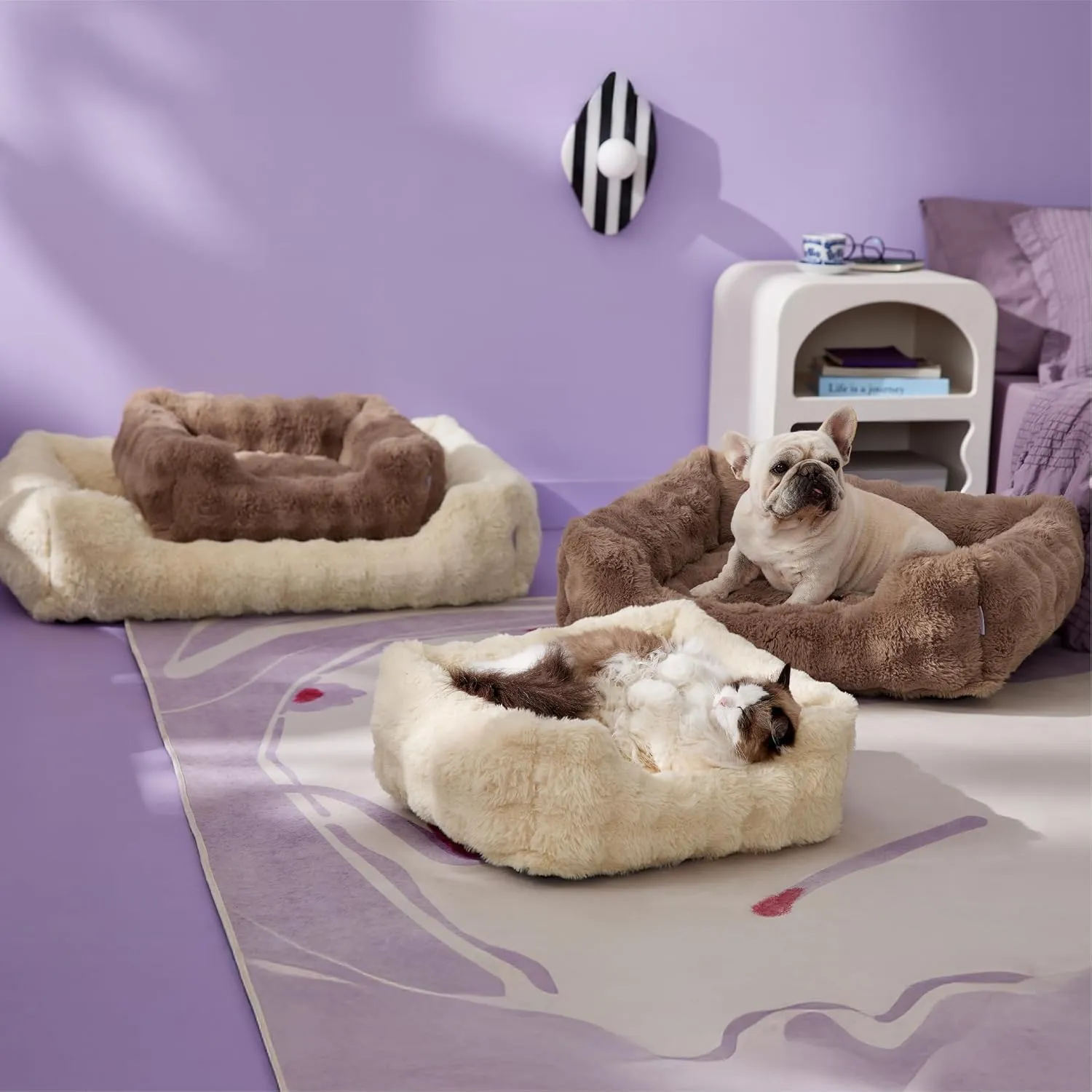 Lesure Fluffy Dog Beds for Puppy&Kitten- Orthopedic Rectangle Calming Pet Sofa,Fluffy Plush Bubble Bolster Cat Bed with Removable Washable Cover and Nonskid Bottom,20x19x6inches,Beige