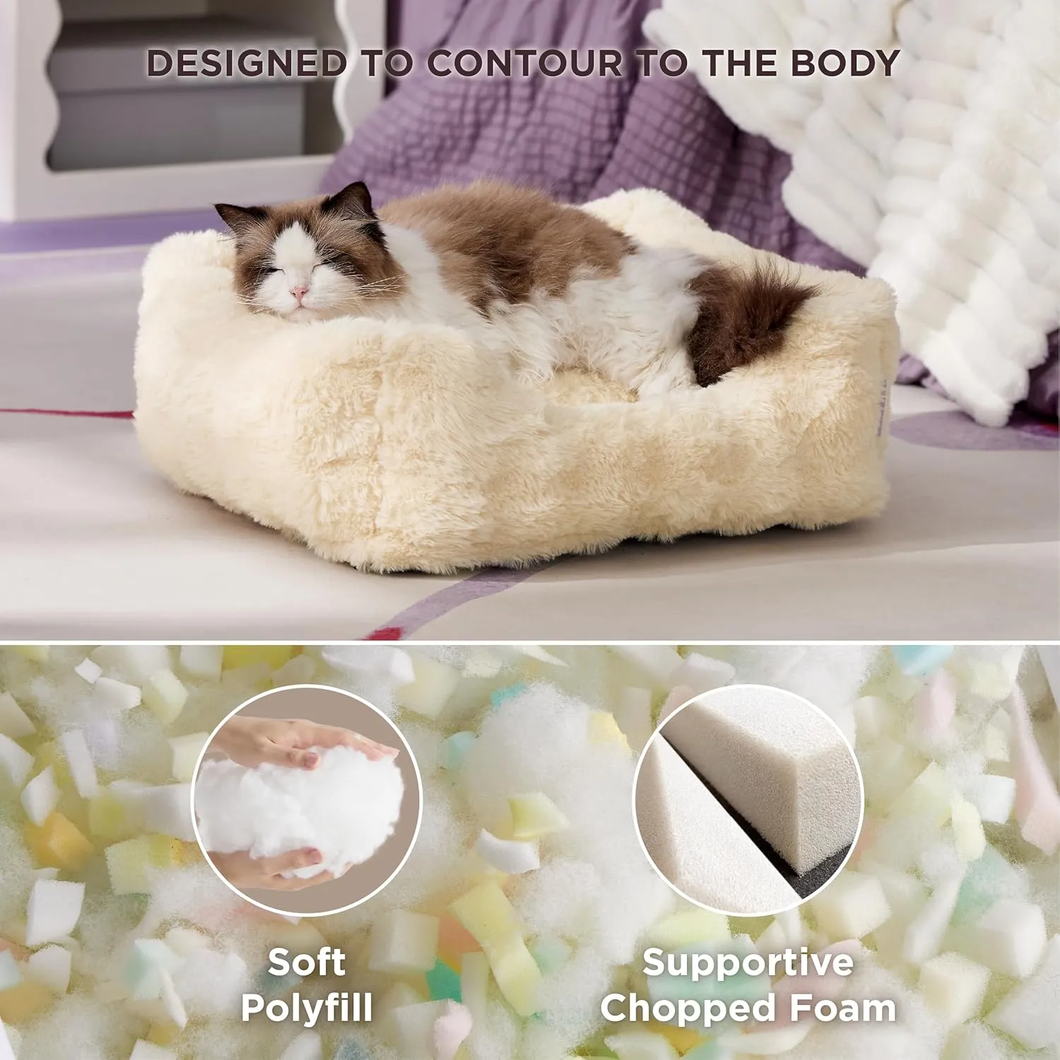Lesure Fluffy Dog Beds for Puppy&Kitten- Orthopedic Rectangle Calming Pet Sofa,Fluffy Plush Bubble Bolster Cat Bed with Removable Washable Cover and Nonskid Bottom,20x19x6inches,Beige