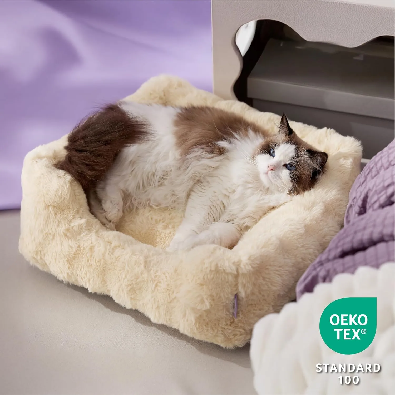 Lesure Fluffy Dog Beds for Puppy&Kitten- Orthopedic Rectangle Calming Pet Sofa,Fluffy Plush Bubble Bolster Cat Bed with Removable Washable Cover and Nonskid Bottom,20x19x6inches,Beige