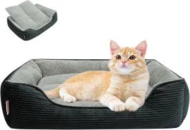 Miguel Washable Cat Beds for Indoor Cats with Removable Cushion/Pillow, Easy to Wash Small Dog Bed with Side, Large Rectangle Kitten Bed Cuddle Puppy Bed with Anti-Slip Bottom, Dark Gray 20 Inch