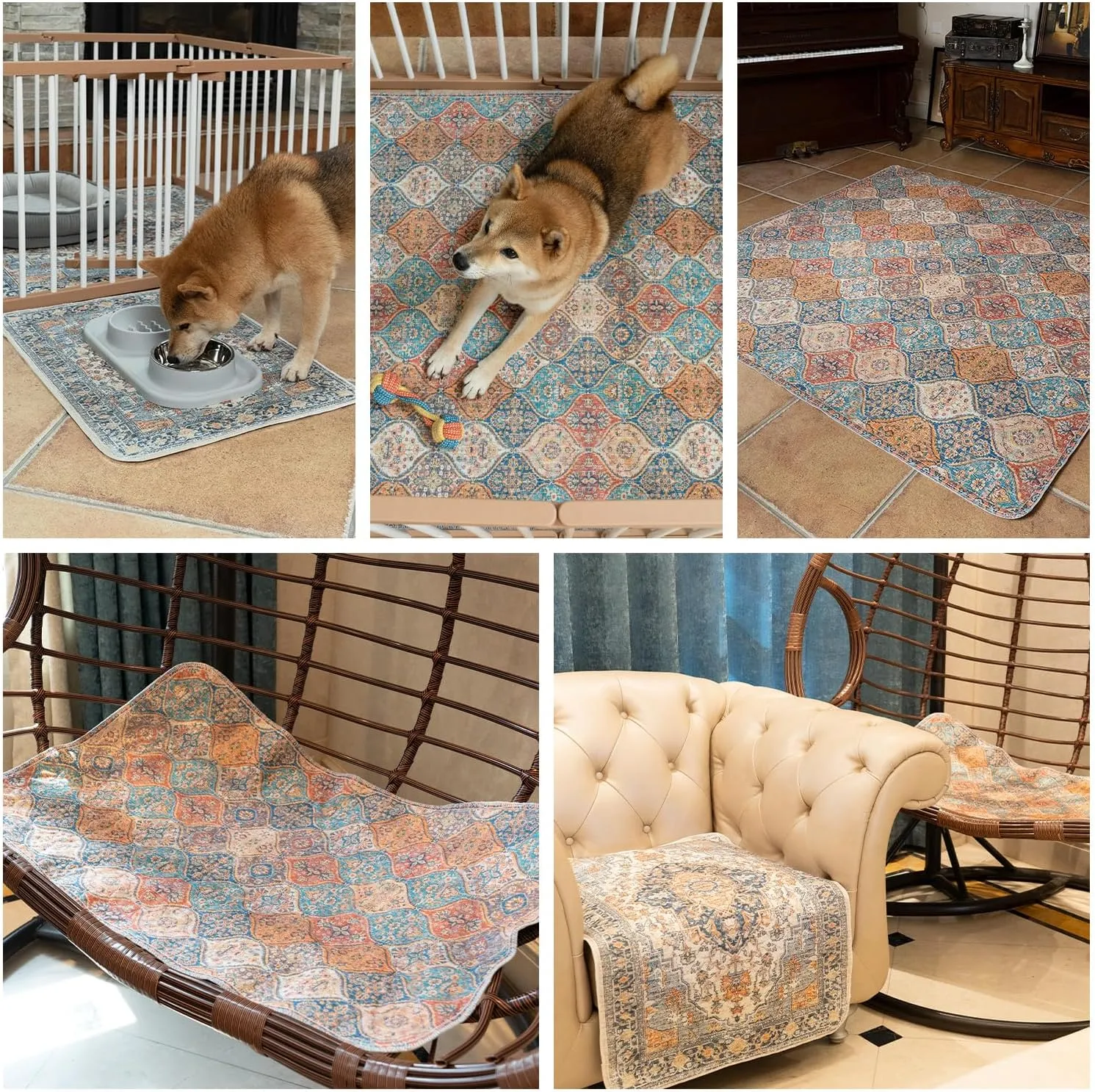 nunubaby Washable Pee Pads for Dogs, Stylish, Non-Slip and Leak-Proof Pee Pads. Reusable Potty Pads for Dogs for Crates and Floors.(Blue/Multi, 48" x48" )