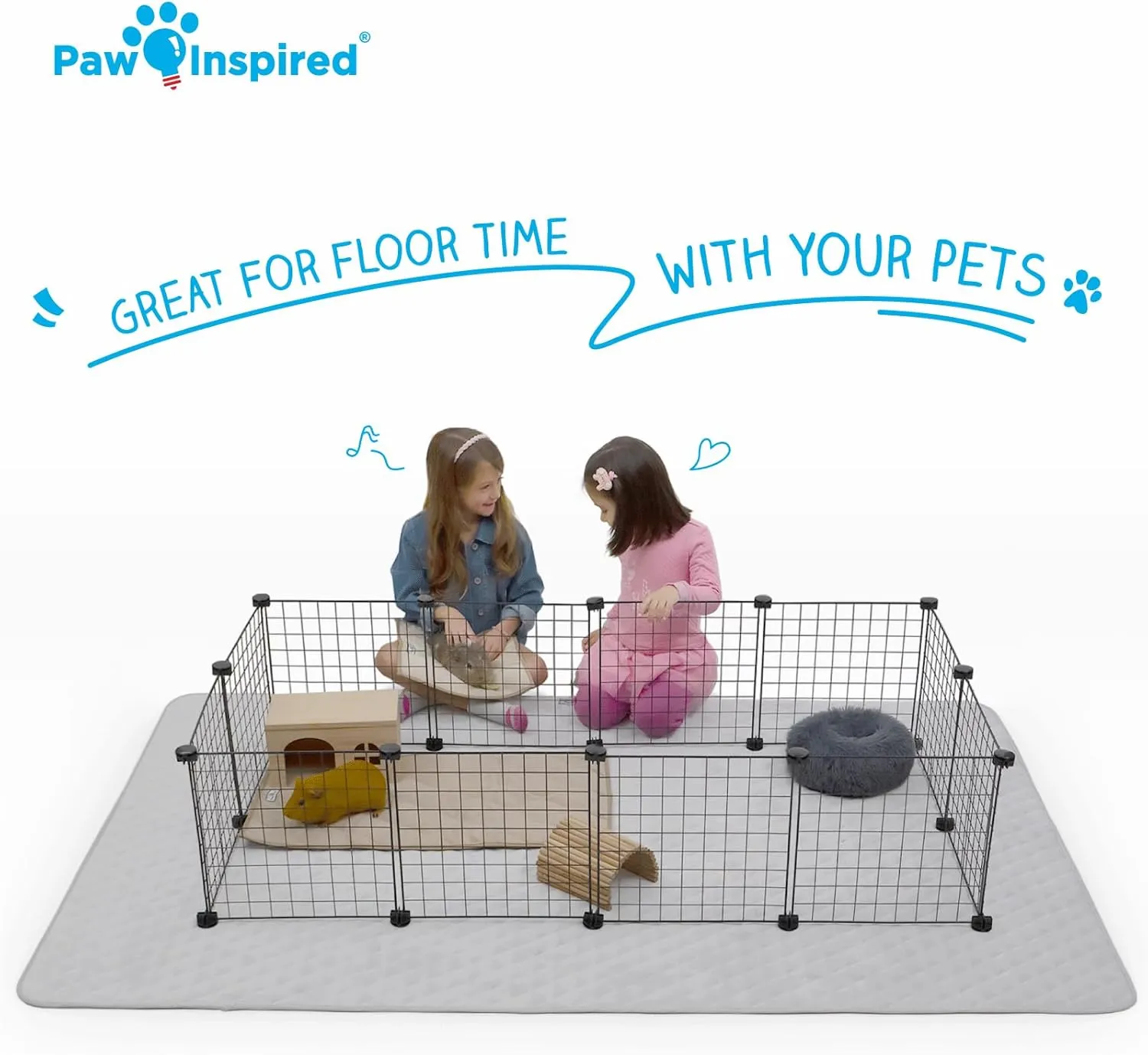 Paw Inspired 80x50 Waterproof Playpen Mat | Super Absorbent Fleece Cage Liner with Non-Slip Bottom | Pet Play Pen Pad for Dogs, Rabbits, Guinea Pigs, Hamsters, Small Animals (Light Gray)