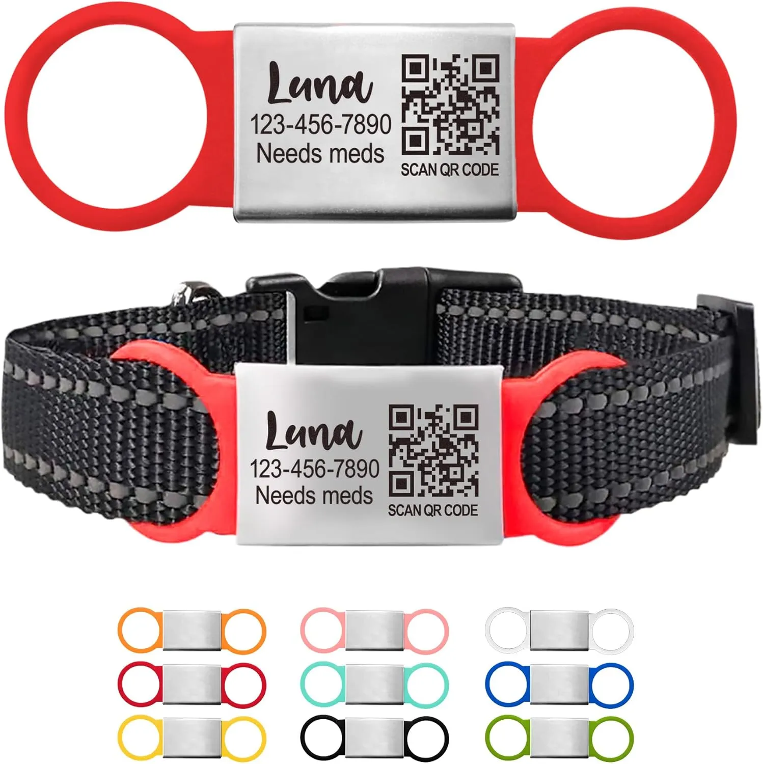 Personalized QR Code Pet ID Tag  Silent Slide-On Name Tag for Dogs and Cats  Scannable Lost and Found Smart Tag  Custom Engraved Pet Identification for Collars and Harnesses