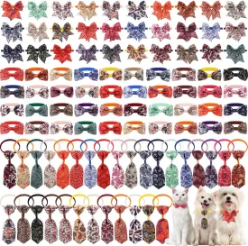 Reginary 100 Pieces Dog Bow Tie Collar Set Include 40 Dog Neckties, and 30 Puppy Bowties, 30 Collar Flowers, Adjustable Pet Ties Grooming for Small Medium Cats Pets Supply (Paisley)