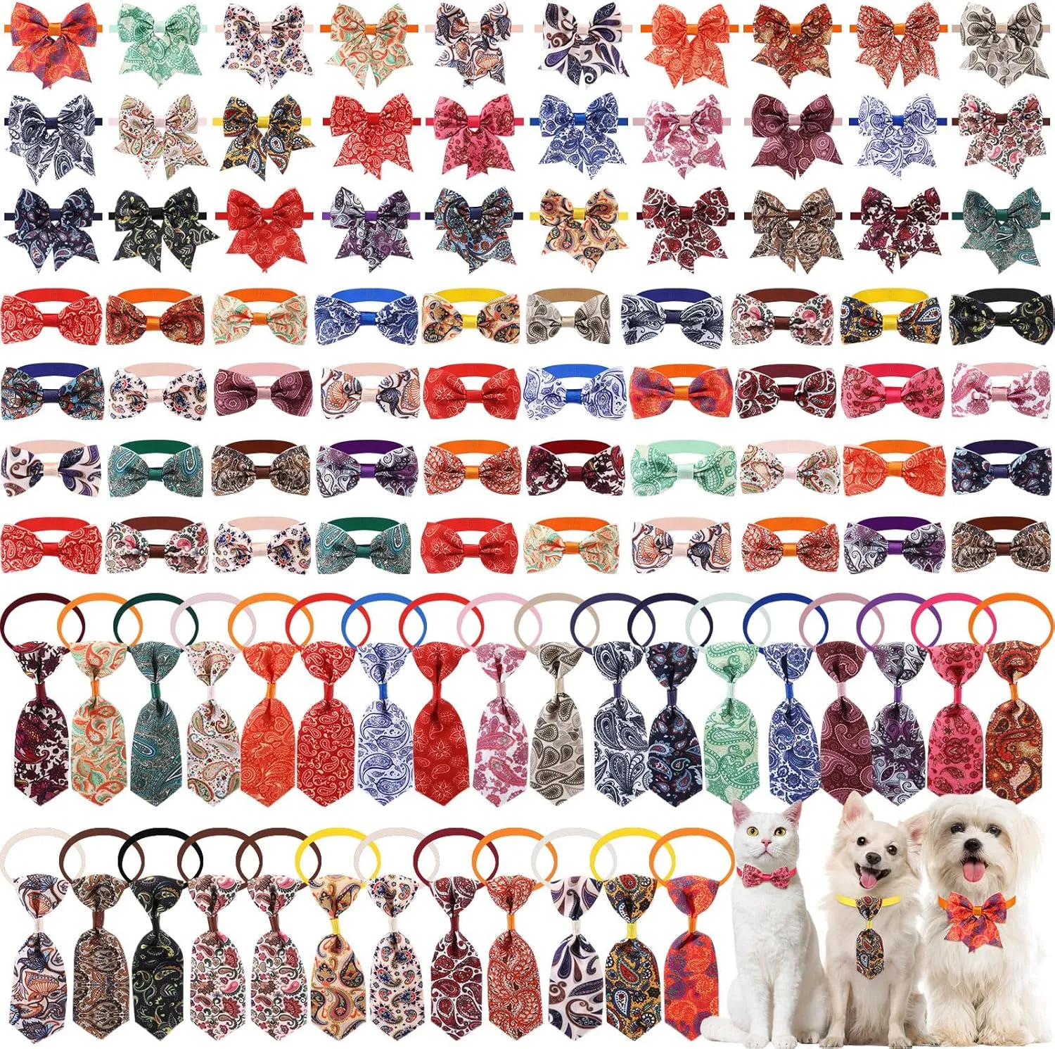 Reginary 100 Pieces Dog Bow Tie Collar Set Include 40 Dog Neckties, and 30 Puppy Bowties, 30 Collar Flowers, Adjustable Pet Ties Grooming for Small Medium Cats Pets Supply (Paisley)