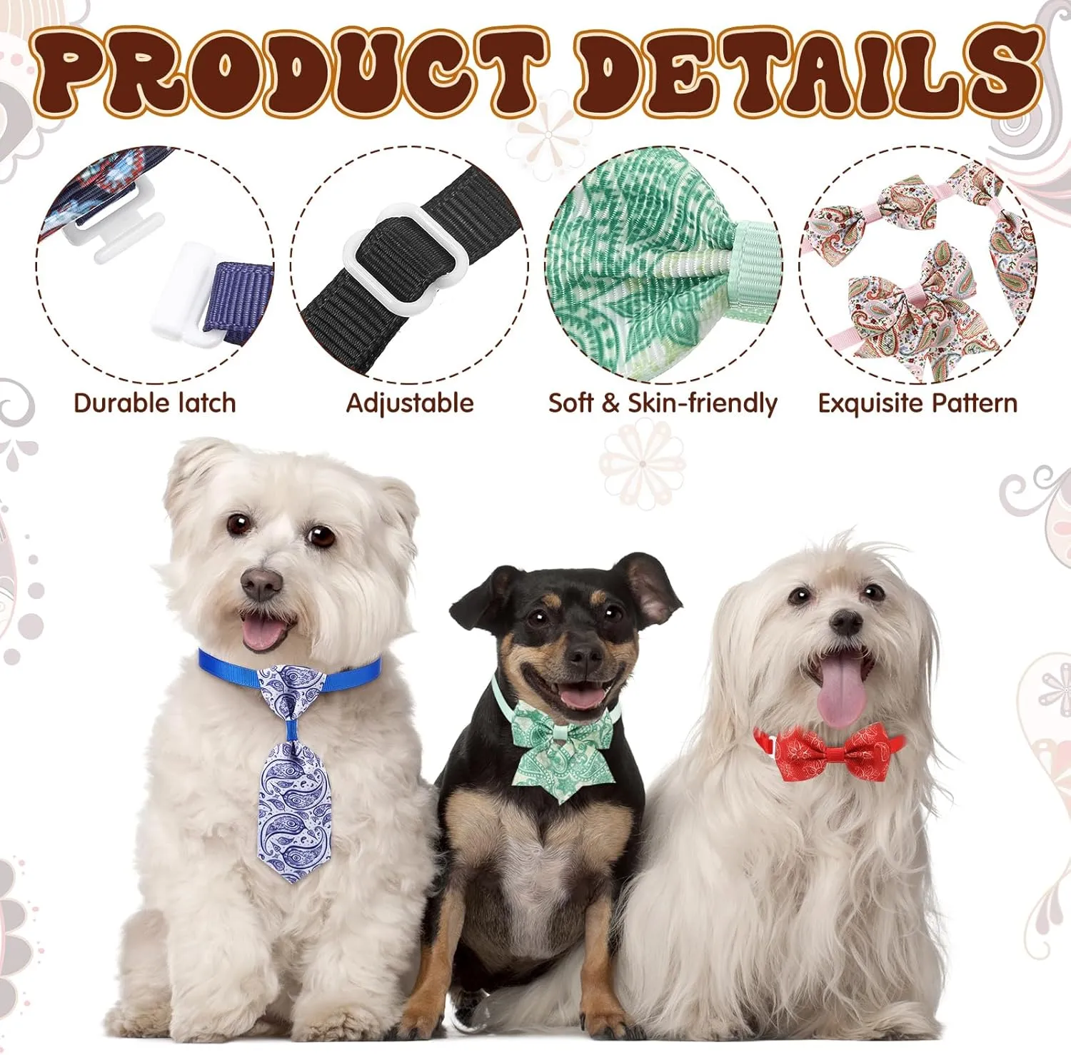 Reginary 100 Pieces Dog Bow Tie Collar Set Include 40 Dog Neckties, and 30 Puppy Bowties, 30 Collar Flowers, Adjustable Pet Ties Grooming for Small Medium Cats Pets Supply (Paisley)