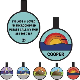 Silent Dog Tag Personalized with 5 Lines of Custom Deep Engraved Durable Soundless Silicone Pet ID Name Tag Round Sunset Tiffany