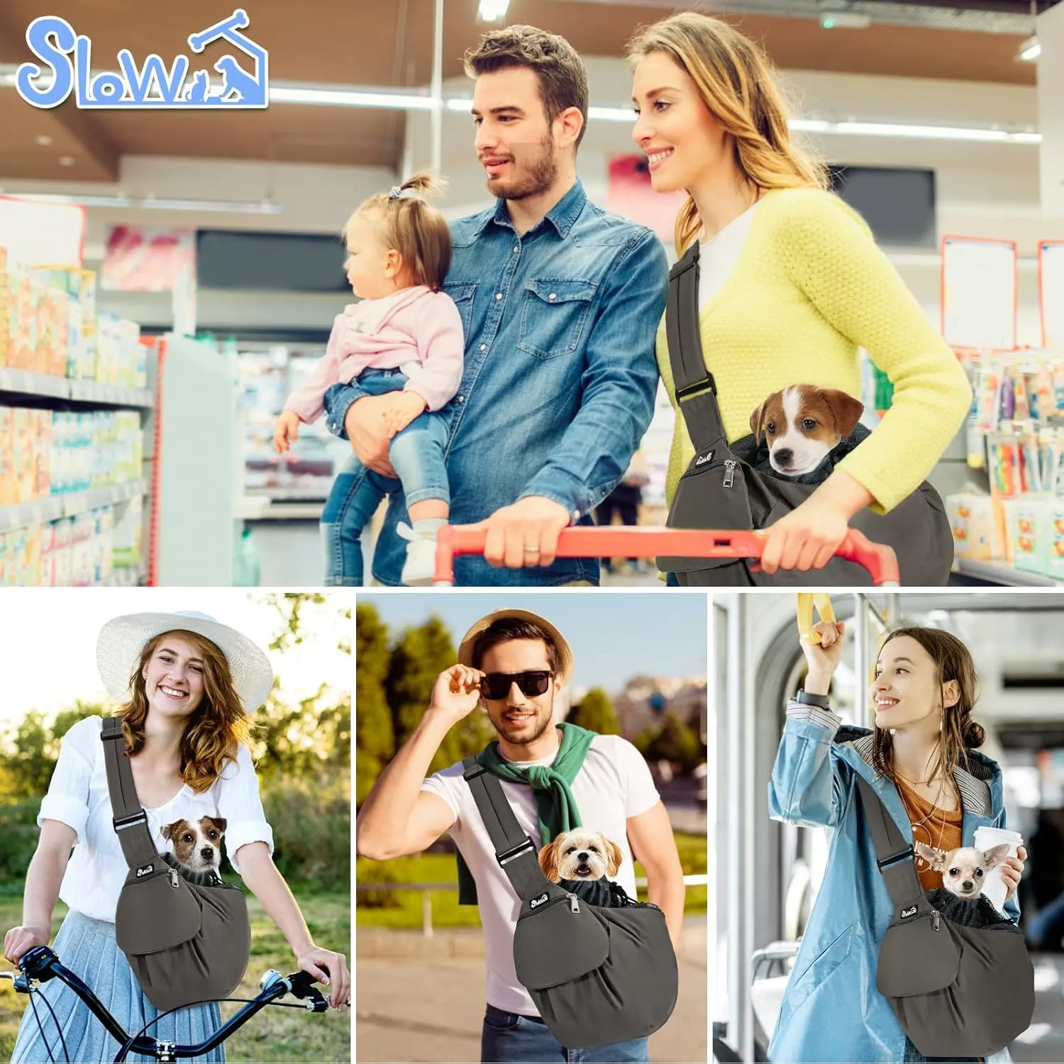 SlowTon Dog Carrier Sling - Hard Bottom Support Dog Carriers for Small Dogs with Adjustable Padded Shoudler Strap, Dog Purse for Puppy Cat Pet with Drawstring Opening Storage Zipper Pockets (Grey)