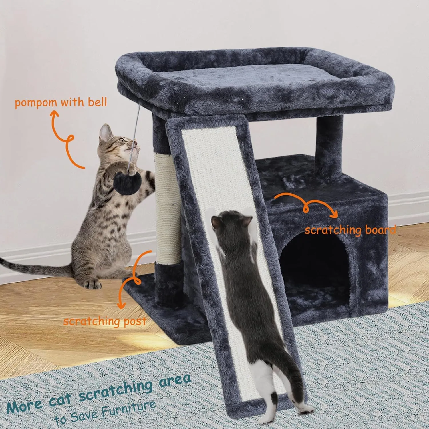 Small Cat Tree Tower for Indoor Use  Stable Condo with Scratching Post, Perch, Board, and Hideout for Kittens(Smoky Grey)