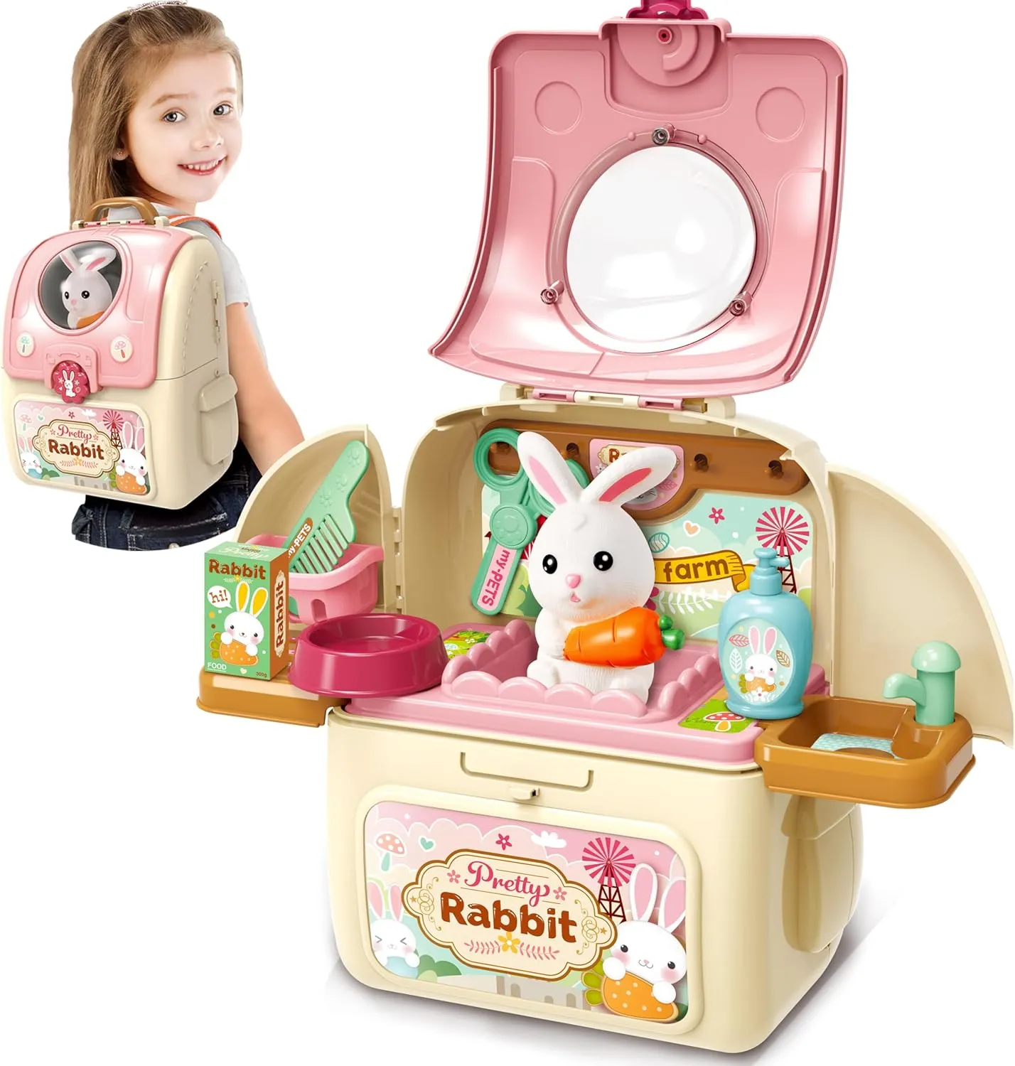 SMILESSKIDDO Pet Carrier Backpack Toy, 3 in 1 Pet Care Playset, Pretend Play Pet Hospital Accessories & Hair Dryer Toy, Rabbit Role Play Set for Boys Ages 3 