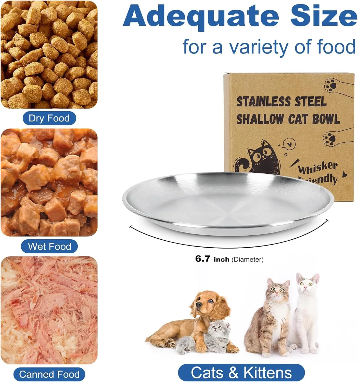 Supet Whisker Frinendly Cat Plates for Wet and Dry Food, Cat Bowls with Non-Slip Bottom, 304 Stainless Steel Flat Wide Shallow Dishes for Indoor Kitten (2Pcs)