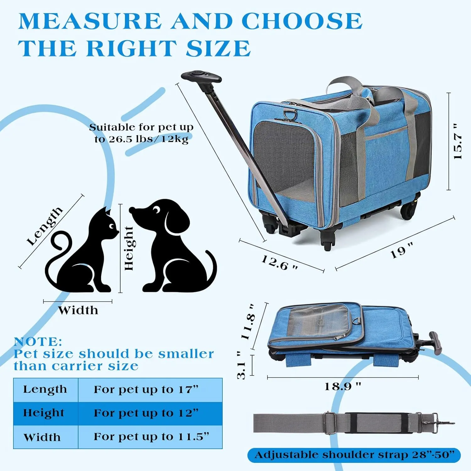 Suzile 2 Pcs Pet Carrier with Wheels Extra Large Cat Rolling Dog Carrier with Adjustable Straps and Telescopic Handle for up to 26.5 Lbs Pet Cats Medium Dogs Camping(Blue and Gray)
