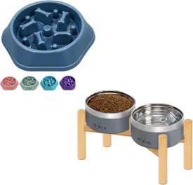 UPSKY Slow Feeder Dog Bowl and Elevated Dual Pet Bowls Set with Stand, Anti-Choking Interactive Puzzle Bowl and Raised Stainless Steel Food & Water Bowls for Small to Medium Dogs and Cats