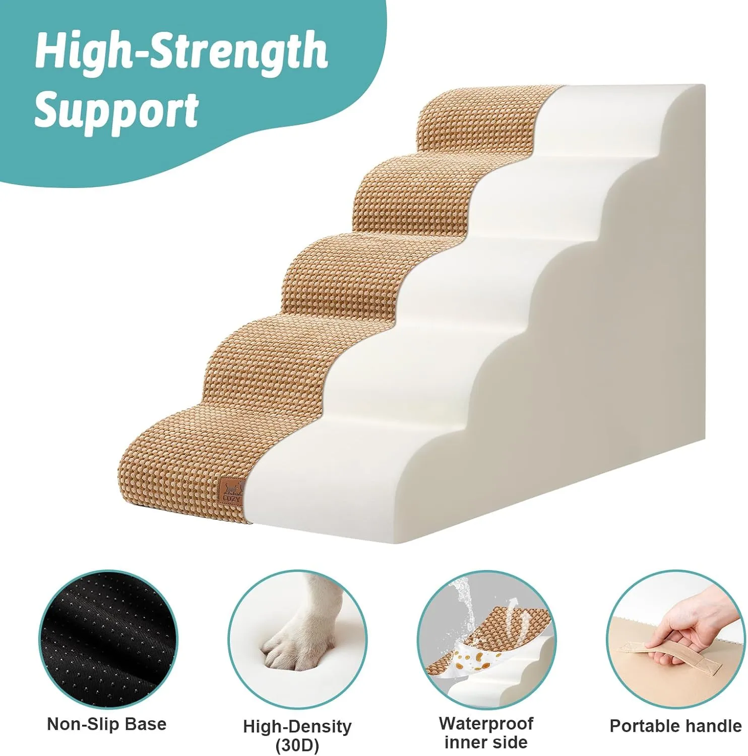 Wide Dog Stairs for Large Dogs 19.9" Width, Dog Step for Small Dog, Puppy or Cat, Medium Pet Ramp for High Bed or Car, High Density Foam Ladder, 19.7x33x22.4 in, Stable, 5 Step, Light Brown