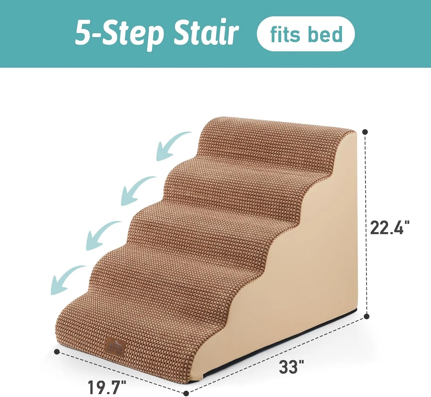 Wide Dog Stairs for Large Dogs 19.9" Width, Dog Step for Small Dog, Puppy or Cat, Medium Pet Ramp for High Bed or Car, High Density Foam Ladder, 19.7x33x22.4 in, Stable, 5 Step, Light Brown