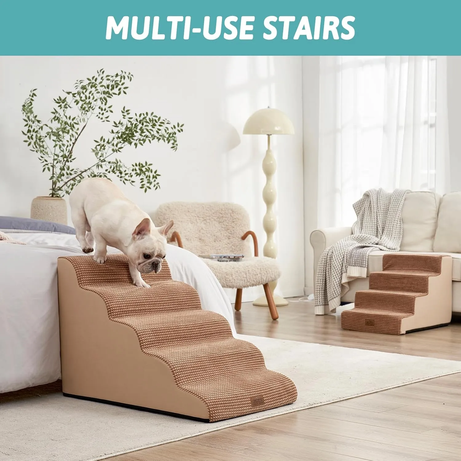 Wide Dog Stairs for Large Dogs 19.9" Width, Dog Step for Small Dog, Puppy or Cat, Medium Pet Ramp for High Bed or Car, High Density Foam Ladder, 19.7x33x22.4 in, Stable, 5 Step, Light Brown