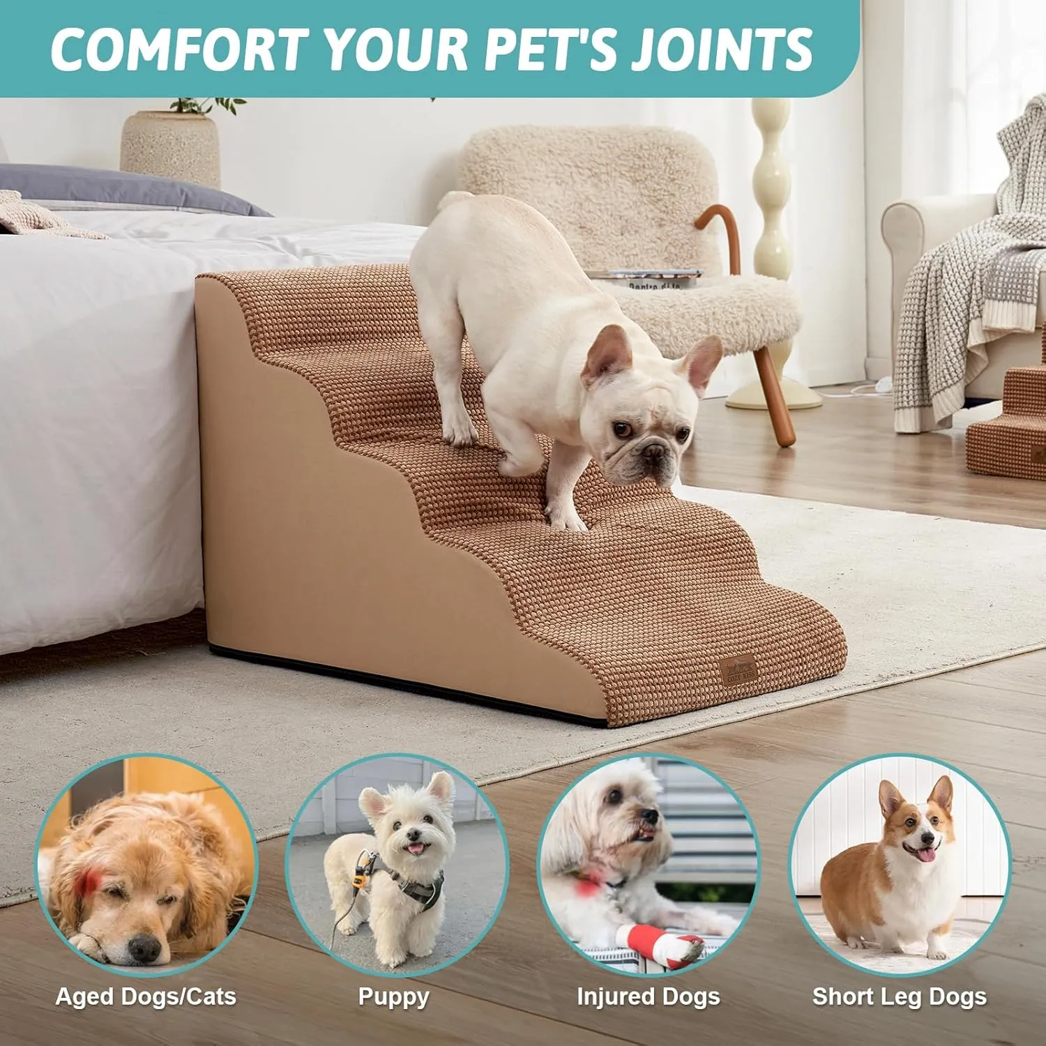 Wide Dog Stairs for Large Dogs 19.9" Width, Dog Step for Small Dog, Puppy or Cat, Medium Pet Ramp for High Bed or Car, High Density Foam Ladder, 19.7x33x22.4 in, Stable, 5 Step, Light Brown