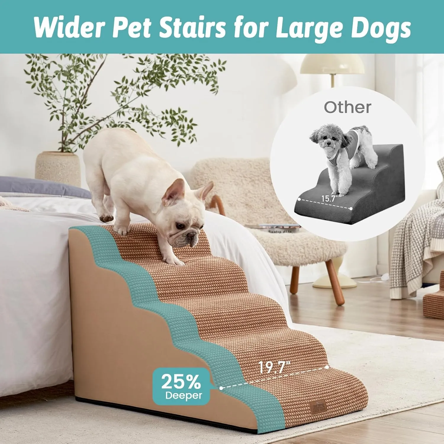 Wide Dog Stairs for Large Dogs 19.9" Width, Dog Step for Small Dog, Puppy or Cat, Medium Pet Ramp for High Bed or Car, High Density Foam Ladder, 19.7x33x22.4 in, Stable, 5 Step, Light Brown